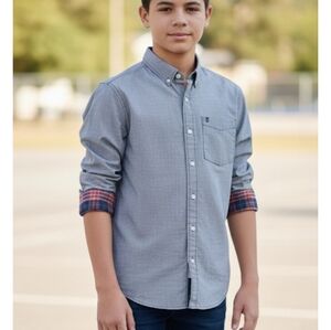 Boys Izod LG 14-16 Blue White Gingham Button Shirt with Red Plaid Details Youth